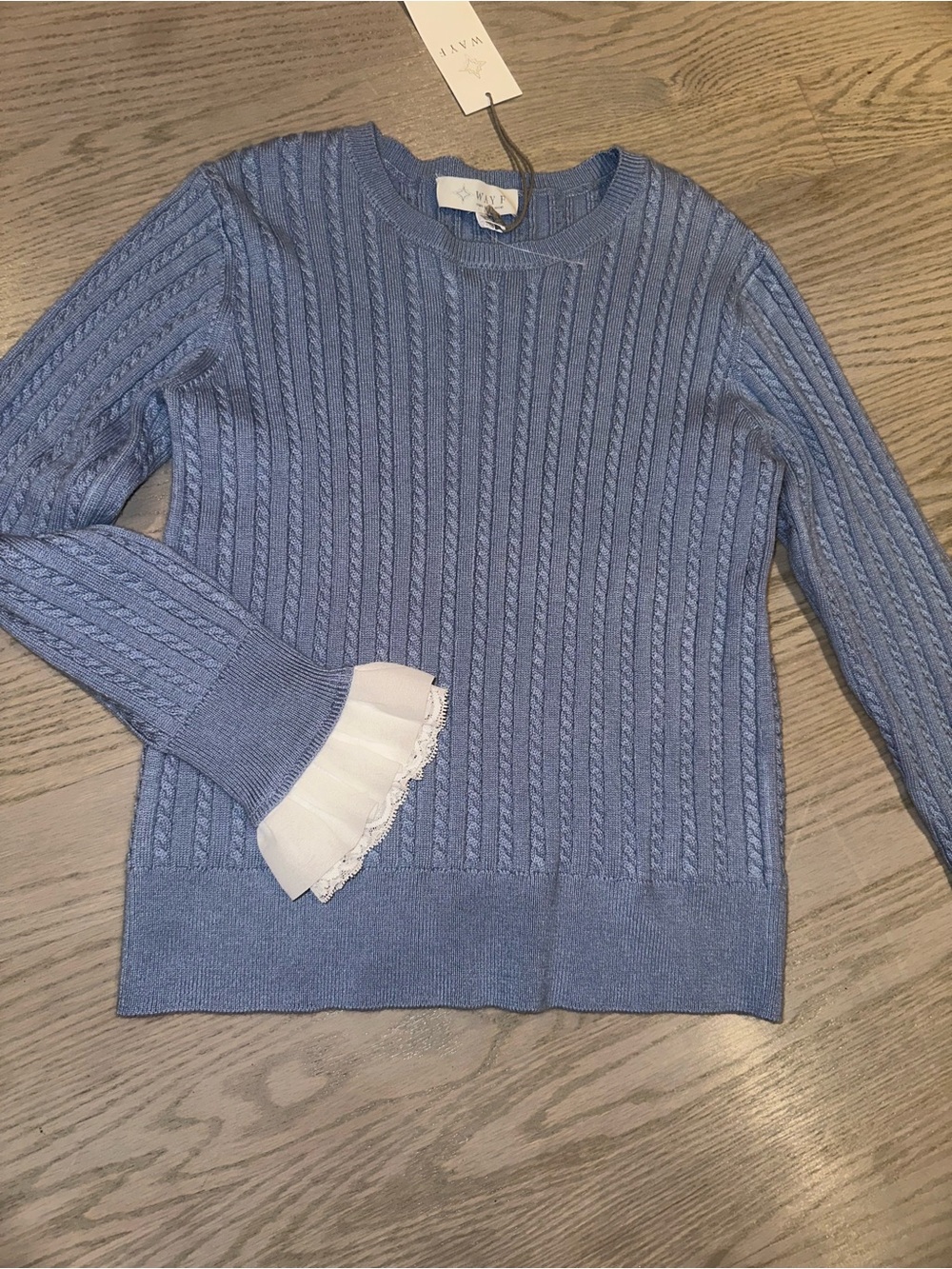 Wayf Light Blue Cable Knit Sweater with White Trim - Picture 2 of 5